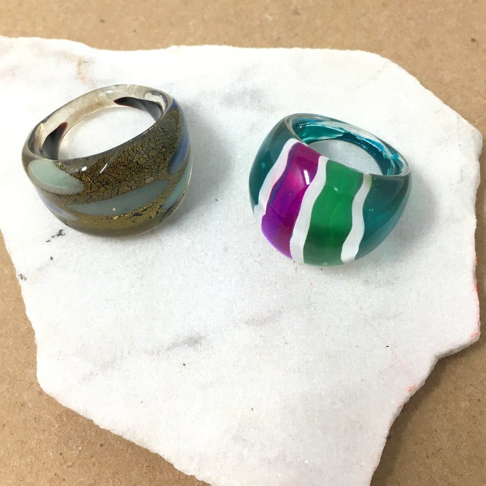 Two Chunky Glass Gold Leaf Acrylic Multi-Striped Metallic Clear Resin Rings